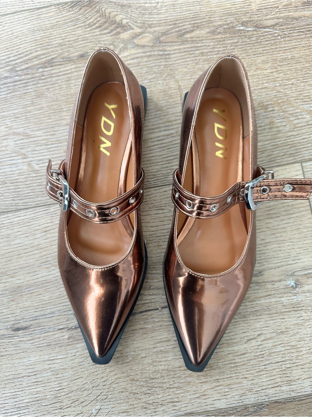 YDN Shiny Copper Pointed Mary Jane Flats with Buckle Strap